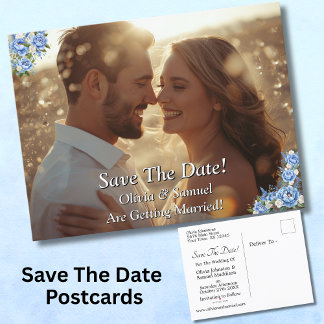 Save The Date - Photo with Blue Peony Announcement Postcard