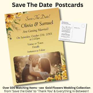 Save The Date - Photo with Golden Yellow Flowers Announcement Postcard