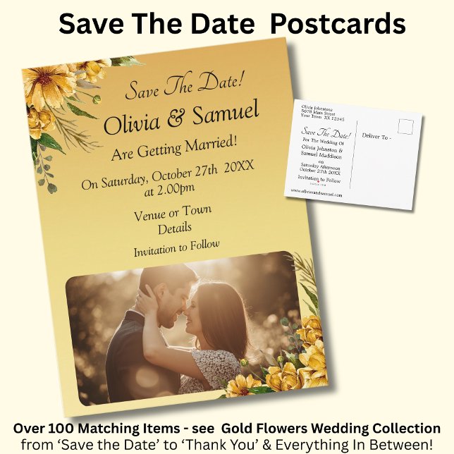 Save The Date - Photo with Golden Yellow Flowers Announcement Postcard (Creator Uploaded)