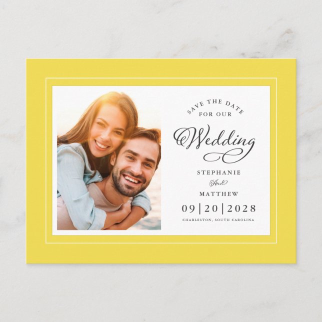Save The Date Photo Yellow Elegant Chic Wedding Announcement Postcard (Front)