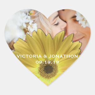 Save the Date Photo Yellow Gerber Daisy Wedding Heart Sticker