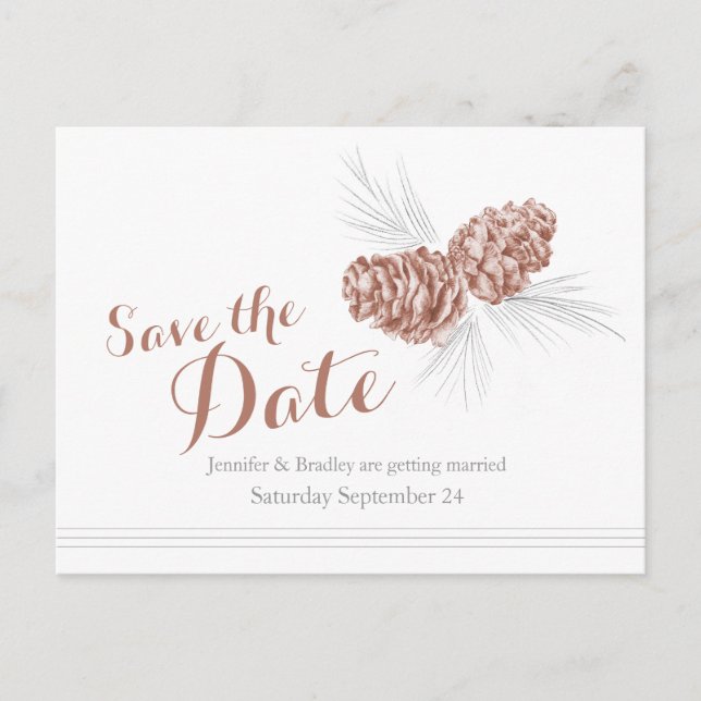 Save the date pine cones wedding card (Front)