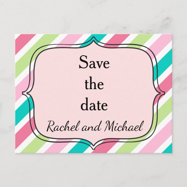 Save the date Pink and Blue Stripes Announcement Postcard (Front)