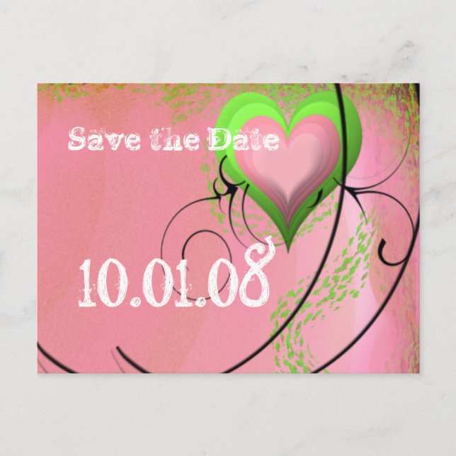 Save The Date Pink and Green Mediaeval Heart Announcement Postcard (Front)