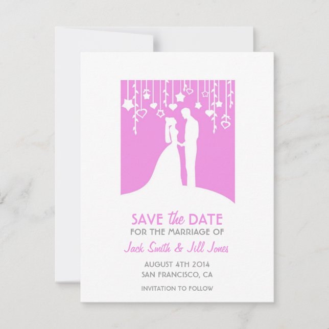 Save the date - pink bride and groom silhouettes (Front)