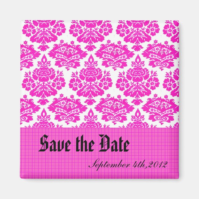 save the date, pink damask magnet (Front)