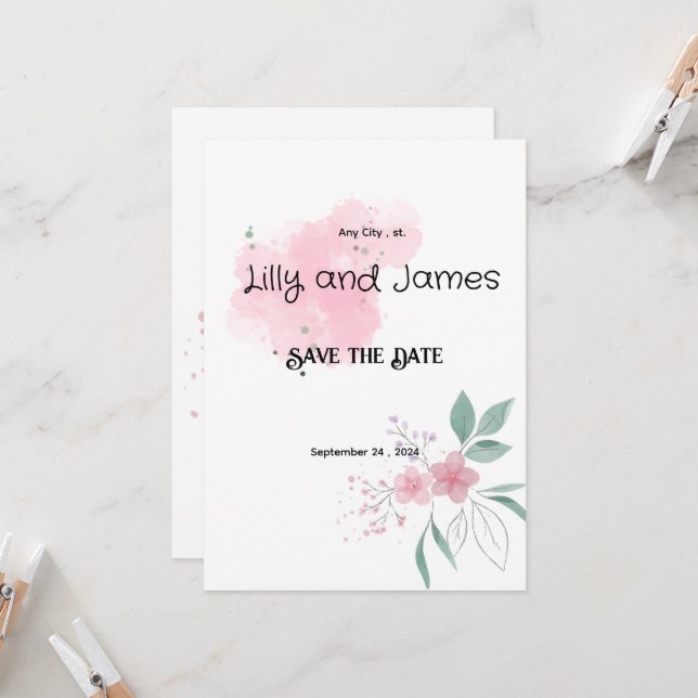 Save The Date Pink Flower Wdding Invitations (Front/Back In Situ)