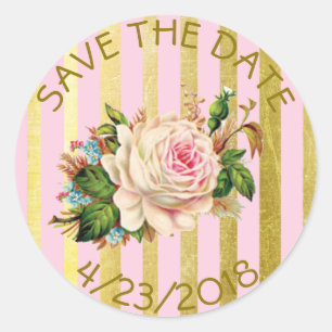 Save the Date Pink Gold Flower Striped Stickers
