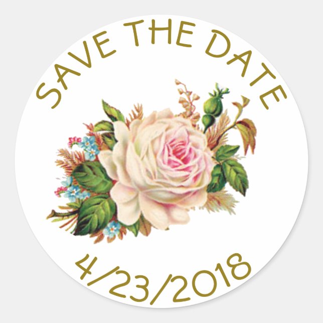 Save the Date Pink Gold Flower Striped Stickers (Front)