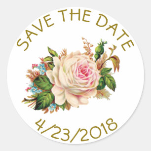 Save the Date Pink Gold Flower Striped Stickers