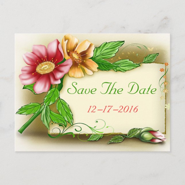 Save the Date Pink & Green Floral  Photo Postcard (Front)