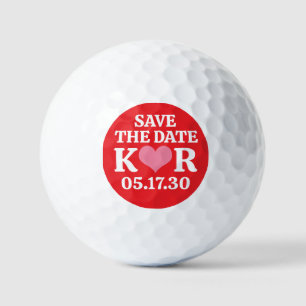 SAVE THE DATE Pink Heart MONOGRAM Red Background Golf Balls