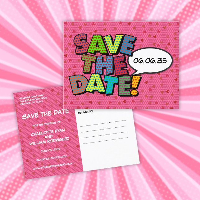 Save The Date Pink Modern Hearts Confetti Wedding Announcement Postcard (Save The Date Pink Modern Hearts Confetti Wedding Announcement Postcard)