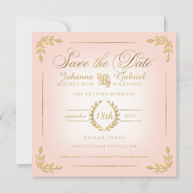 Save the Date, Pink n Gold Laurel Leaf Typography Date (Front)