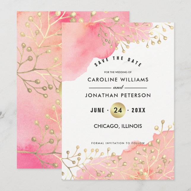 Save the Date. Pink Peach Botanical Watercolor  Date (Front/Back)