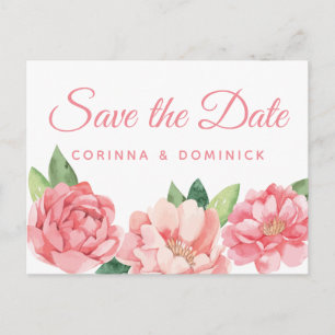 Save The Date Pink Peonies Rose Engagement Flowers Postcard