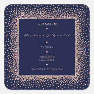 Save The Date Pink Rose Gold Blue Navy Glitter Square Sticker
