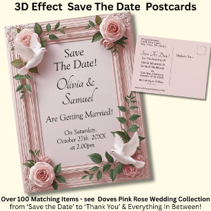 Save The Date - Pink Roses & Doves Wedding Announcement Postcard