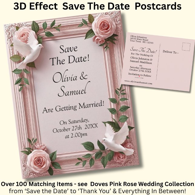 Save The Date - Pink Roses & Doves Wedding Announcement Postcard (Creator Uploaded)