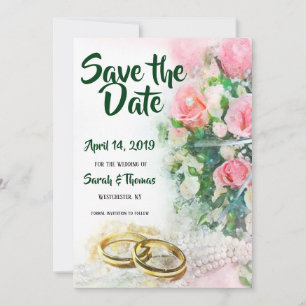 Save the Date Pink Roses with Gold Wedding Bands