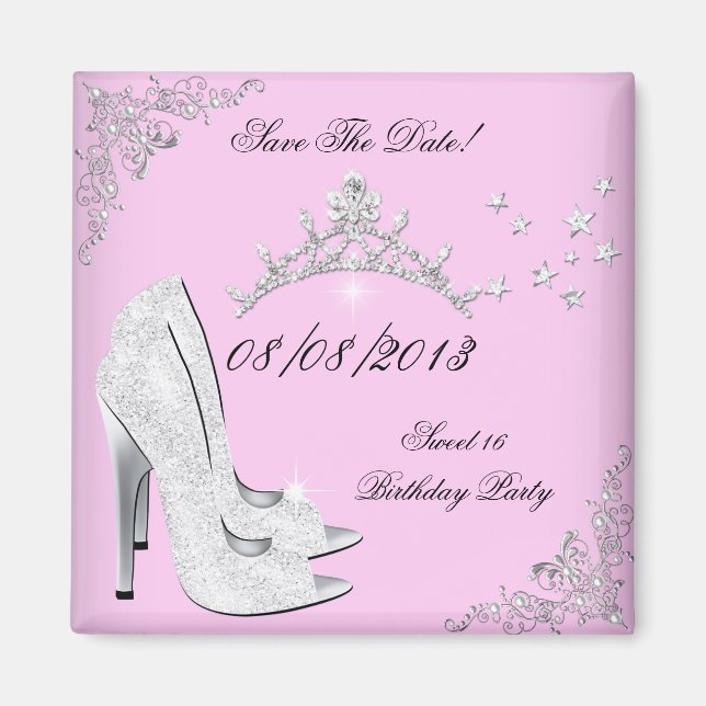 Save The Date Pink Silver High Heels Shoes Tiara Magnet (Front)