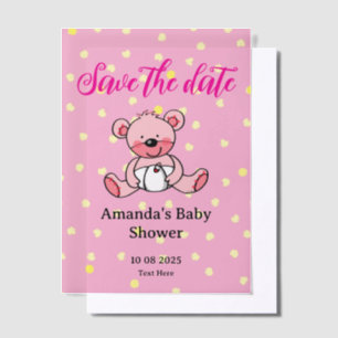 Save the date pink teddy bear baby shower vellum invitations