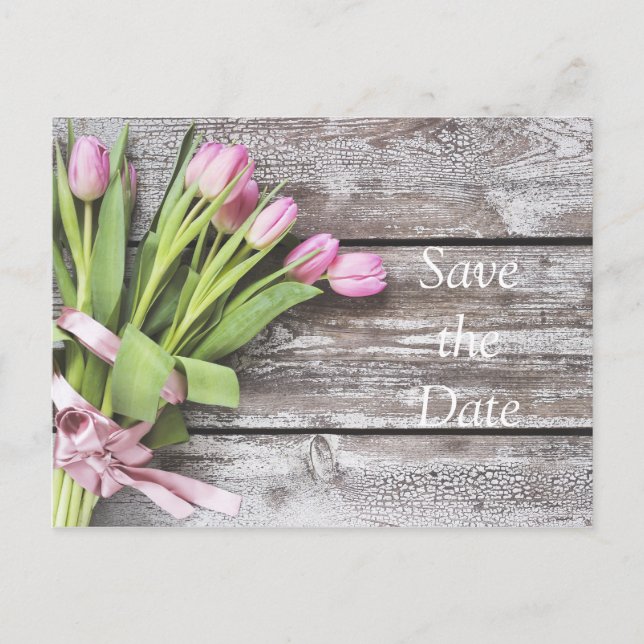 Save the Date--Pink Tulips & Wood Announcement Postcard (Front)