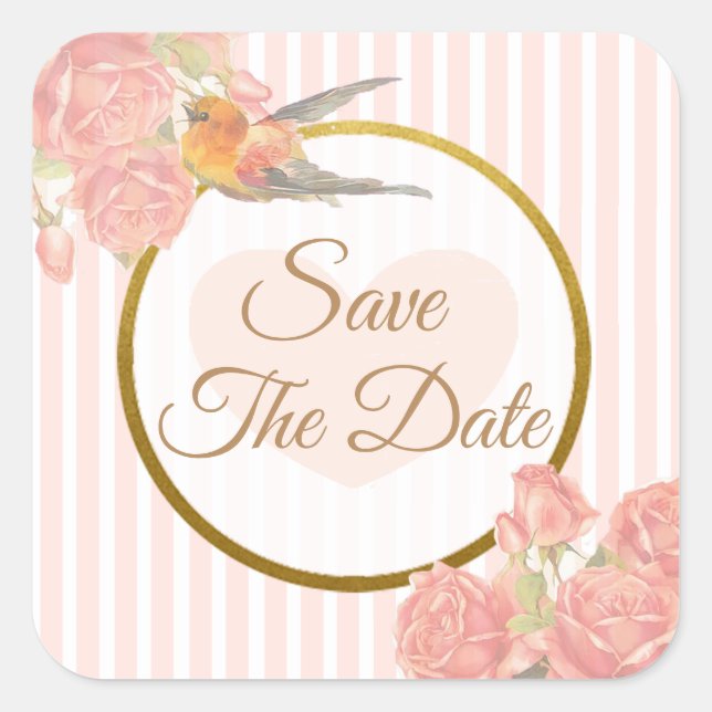 Save the Date Pink vintage Bird Wedding Sticker (Front)