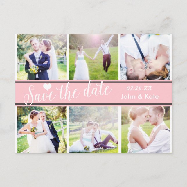 SAVE THE DATE Pink White Wedding 6 PHOTO Postcard (Front)