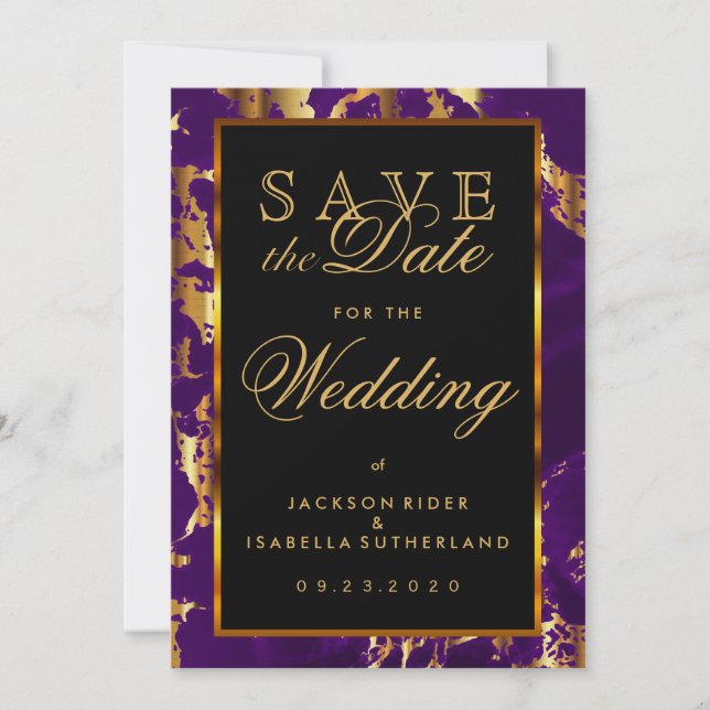 Save the Date Plum Purple and Gold Marble (Front)
