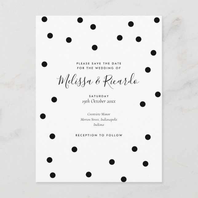 Save the Date Polka Dots Elegant Black and White  Announcement Postcard (Front)