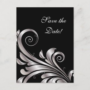 Save the Date Postcard Black Silver Leaf
