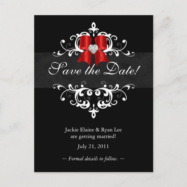 Save the Date Postcard Black White Xmas Bow (Front)