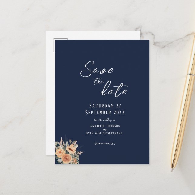 Save the Date postcard - Elegant floral deep blue (Front/Back In Situ)