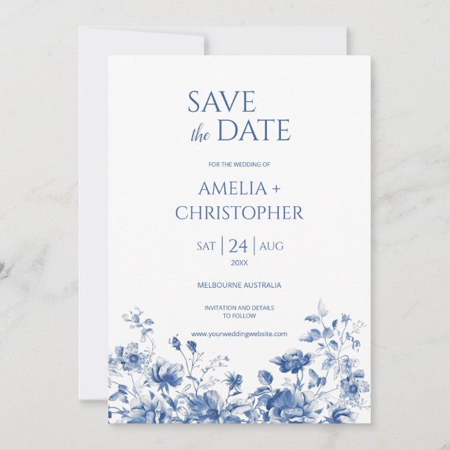 Save the date postcard, in blue tones with flower (Front)