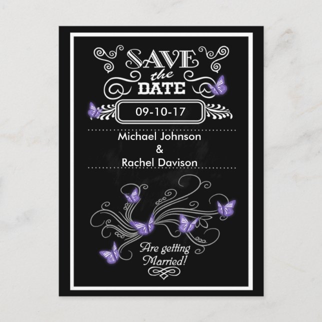 Save the Date Postcard Purple Butterflies Vintage (Front)