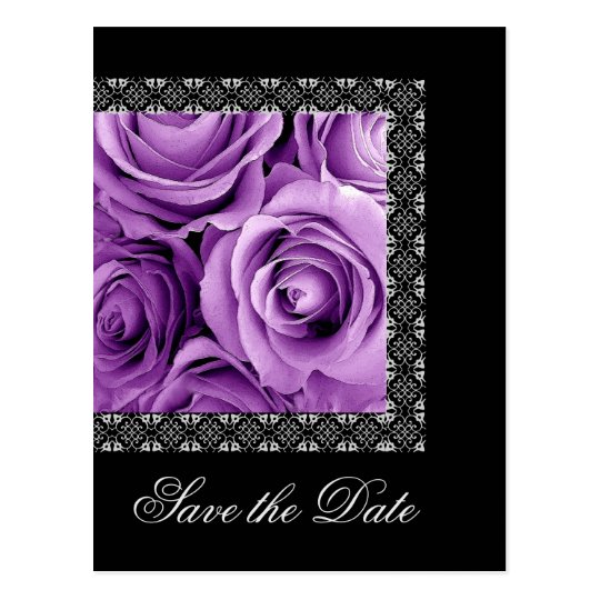 Save the Date Postcard PURPLE Roses SILVER Lace