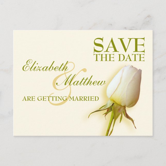 Save the Date Postcard Single White Rose Bud (Front)
