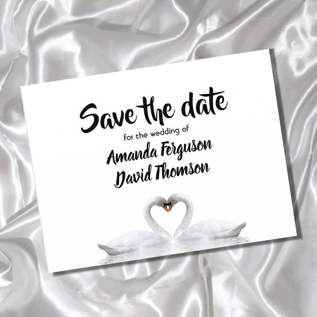 Save the date postcard two swans in love white (Creator Uploaded)
