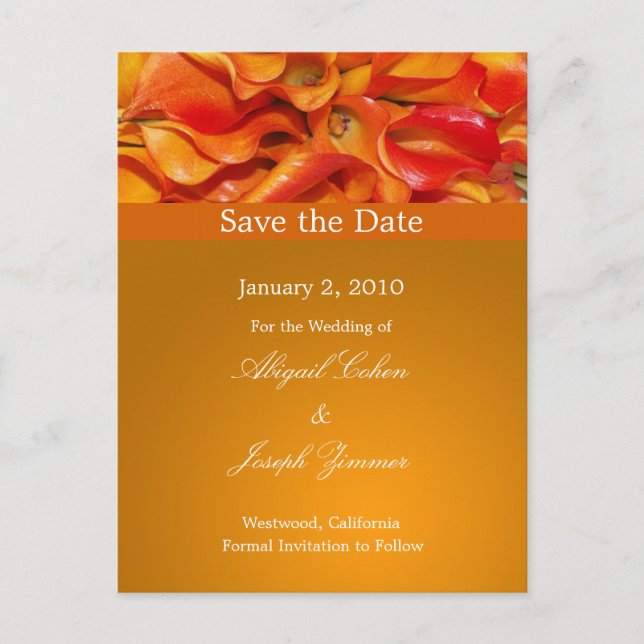 Save the date postcards, orange calla lillies announcement postcard (Front)