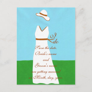 Save the date postcards, wedding dress, brown announcement postcard