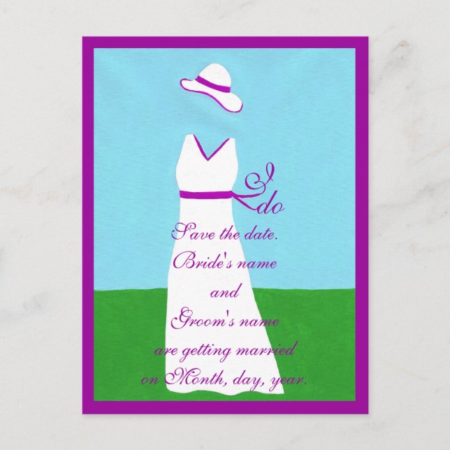 Save the date postcards, wedding dress, purple announcement postcard (Front)