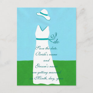 Save the date postcards, wedding dress, turquoise announcement postcard