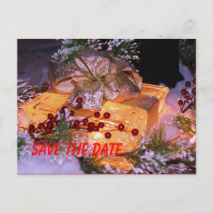 Save The Date Present Bow Wreath Holiday Postcard
