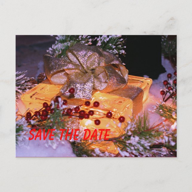 Save The Date Present Bow Wreath Holiday Postcard (Front)