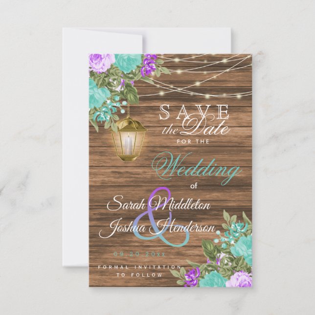 Save the Date Pretty Wood Teal and Purple Flowers (Front)
