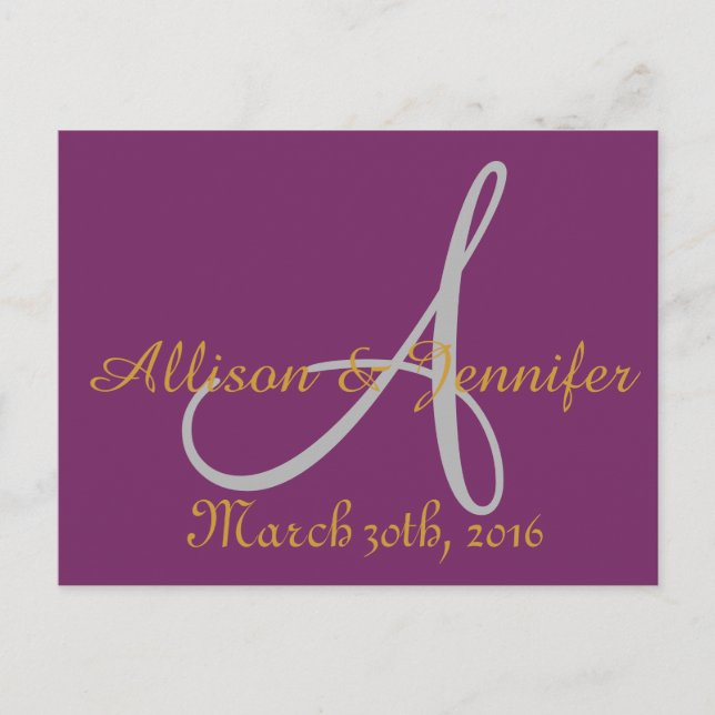 Save the date Purple and Gold Announcement Postcard (Front)