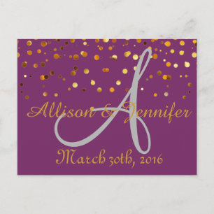 Save the date Purple and Gold Glitter Faux Foi Announcement Postcard