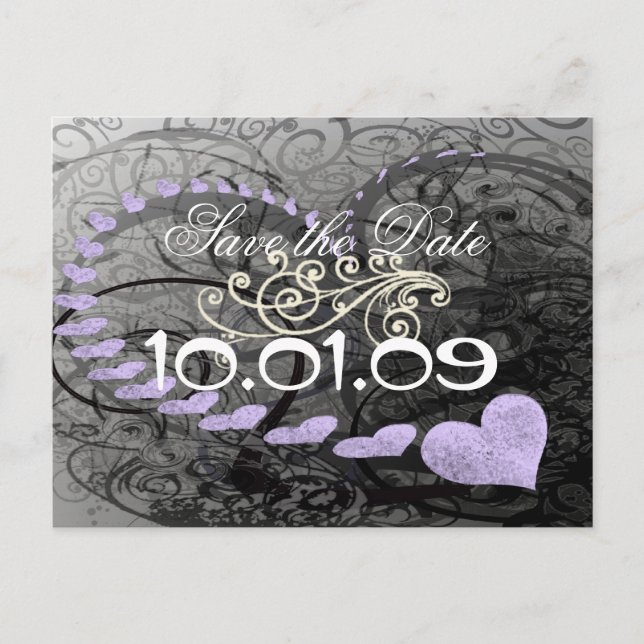 Save The Date Purple and Grey Hearts and Swirl Announcement Postcard (Front)