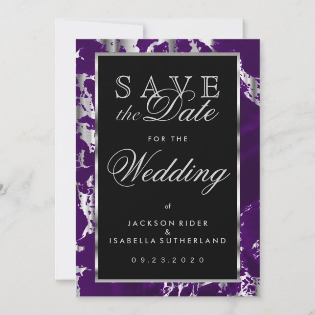 Save the Date Purple and Silver Marble (Front)